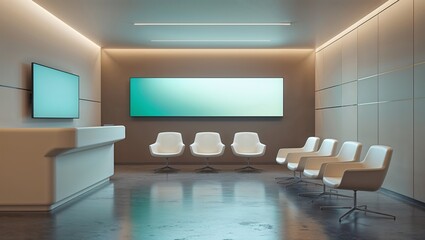 Modern waiting room interior design with empty chairs and reception desk