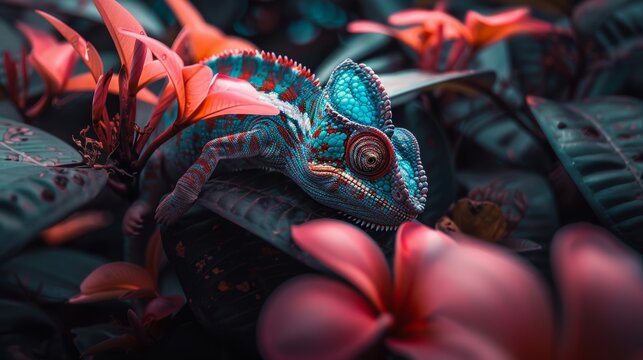 Chameleon expertly blending into a vibrant, colorful background, demonstrating its camouflage skills