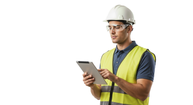 Construction worker uses tablet for project management in safety gear