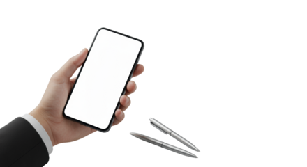 Sleek black modern smartphone with blank white screen held by an adult's clean left hand, a metallic pen beside it on a seamless transparent background with copy space. High-end product photography