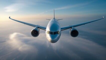 Passenger airplane flying above clouds during sunset