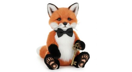Obraz premium A cute, anthropomorphic stuffed fox wearing a black bow tie and holding an antique golden key, sitting isolated on white background