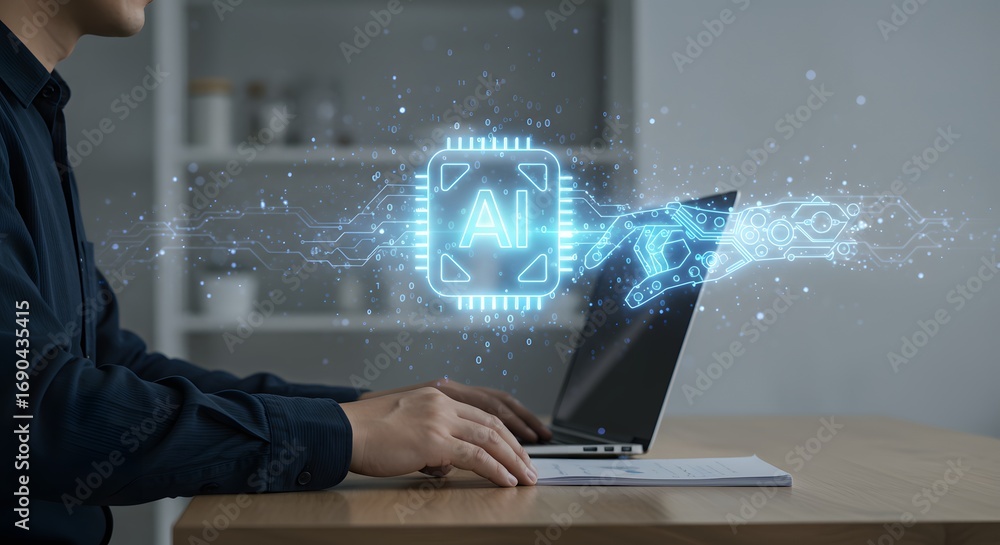 Poster artificial intelligence concept: man using laptop with ai processor and robotic hand overlay
