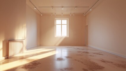 Empty room with sunlight shining through window and radiator