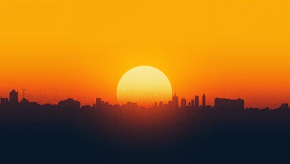 Big sun setting behind city skyline at dusk