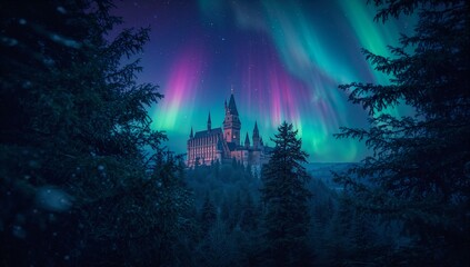 Aurora borealis illuminating fantasy castle in snowy forest at night