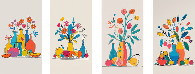 Colorful still life with flowers and fruits in vases and jugs