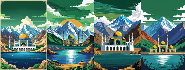 Central asian mosques reflecting in serene lakes with majestic mountain backdrop