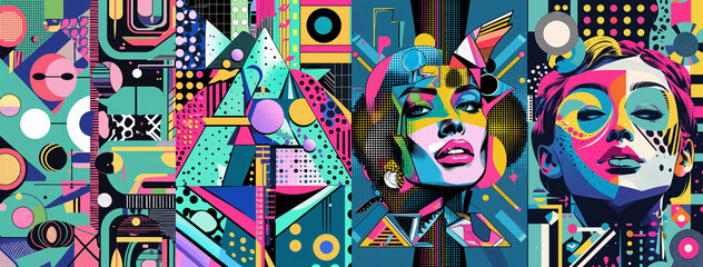 Two female models posing with colorful geometric background