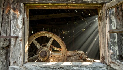 Obraz premium Sunbeams pierce weathered barn window