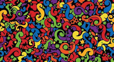 Fototapeta premium Vector art of whimsical and colorful abstract pattern with organic shapes and swirls on black