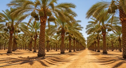 Obraz premium An endless plantation of date palm trees stretching into the distance under a clear blue sky in a desert landscape