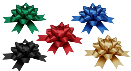 Five luxurious satin gift bows (emerald, sapphire, red, black, gold) with crisp symmetrical loops and draped tails, isolated on a seamless transparent background, elegant premium product presentation