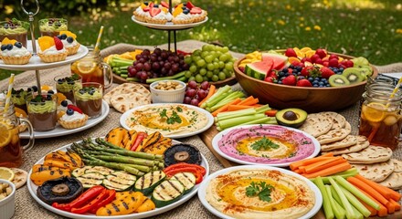Fototapeta premium A vibrant and colorful outdoor picnic spread featuring a variety of delicious and healthy food options.