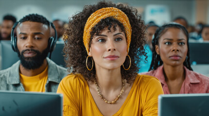 Curly woman with yellow headband uses browser computer showing power of focus modern office environment with diverse colleagues