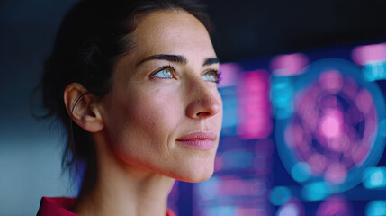 Young woman looking at futuristic digital interface with power and browser elements glowing in blue and pink light