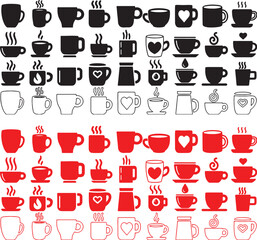 outline, handle, breakfast, from, objects, indicating, featuring, graphic, hot, beverage, some, ceramic, outlines., handles, steam, vector, with, represent, others, detailed, collection, heart, tea, r