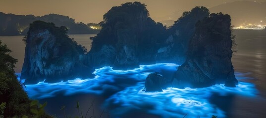 Surreal beach with transforming sands and luminous waters creating an otherworldly scene