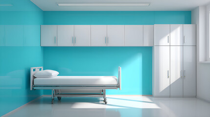 Fototapeta premium Empty hospital room with bed and cabinets, emphasizing cleanliness and healthcare