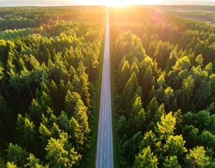 Aerial view of road through forest at sunrise