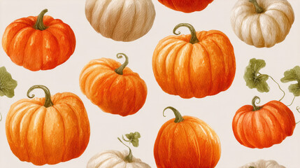 Pumpkins pattern in watercolor style seamless background with autumn harvest theme