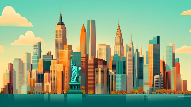 Colorful cartoon of new york city skyline with statue of liberty for urban design