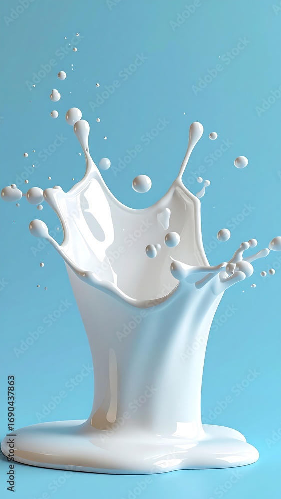 Poster dynamic three dimensional milk splash frozen in time against a soft blue background