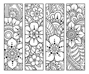 Printable bookmark for book - coloring. Set of black and white labels with flower patterns, hand draw in mehndi style. Sketch of ornaments for creativity of children and adults with colored pencils.