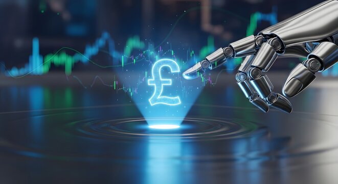 AI Finance Concept: Robotic Hand Interacting with Digital Pound Sterling Hologram - Powered by Adobe
