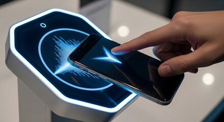 Hand using smartphone for contactless interaction with glowing futuristic device, symbolizing modern technology.