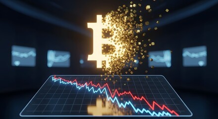 Cryptocurrency Market Downturn: Bitcoin Symbol Disintegrating Above Falling Financial Charts