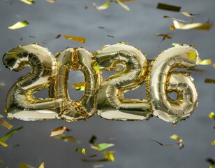 2026 New Year holidays card. Foil golden balloons over grey background with golden confetti