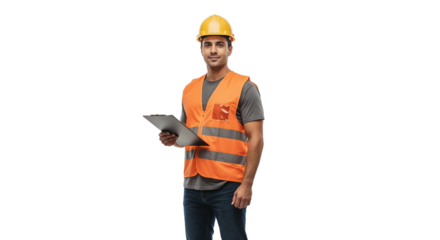 Construction worker holding a clipboard while wearing a safety vest and hard hat in a professional setting