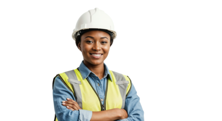 Professional construction worker smiles confidently while wearing safety gear in a studio setting