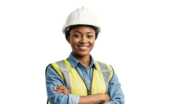 Professional construction worker smiles confidently while wearing safety gear in a studio setting - Powered by Adobe