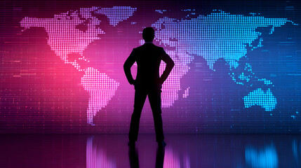 Businessman looking at interactive world map projection