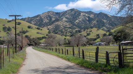 Rural Dirt Road Leading Toward Mountain Range Under Blue Sky with Green Fields and Fencing
