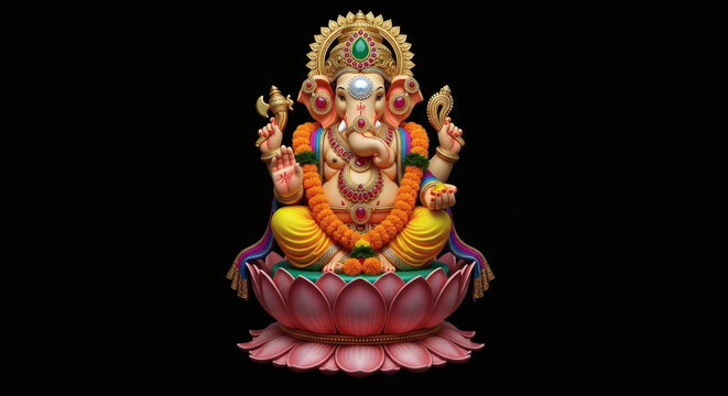 Vibrant illustration of Lord Ganesha sitting on a pink lotus flower against a black background