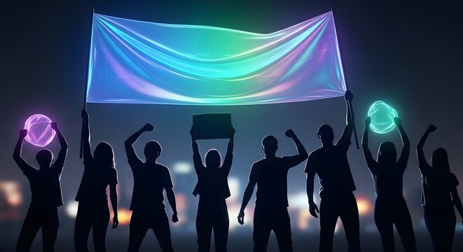 Silhouetted Crowd Holding Luminous Rainbow Banner in City Night, Symbolizing Unity and Diversity