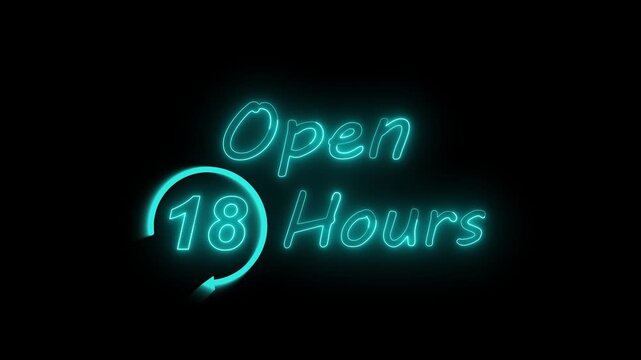 Neon light animation glowing Open 18 Hours vibrant red typography highlighted red circular arrow. bold neon design promotions, service ads, convenience themes. 4k video.