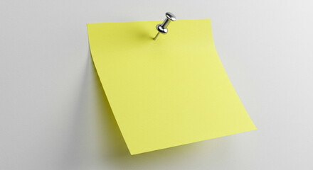 Vibrant Yellow Blank Sticky Note Pinned to White Wall with Shiny Silver Thumbtack, Ready for Your Message or Reminder