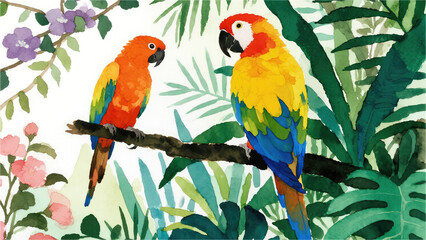 Obraz premium Colorful Macaws in Lush Jungle: Two vibrant macaws perch gracefully on a branch, immersed in a watercolor illustration of a vibrant tropical jungle.