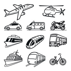 Diverse transportation modes in black and white icons