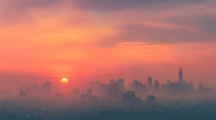 Fototapeta premium Jakarta skyline emerging from fog during sunrise with orange sky