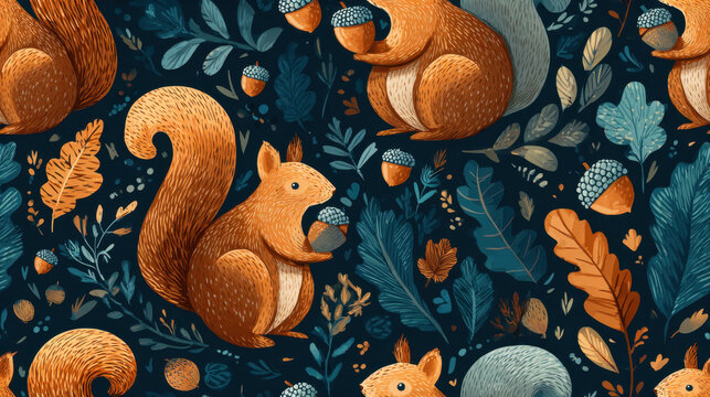 Playful squirrels holding acorns surrounded by autumn leaves branches and forest elements seamless pattern for children textile and decor