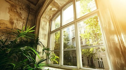 Bright Natural Light Glowing Through a Vintage Window onto a Green Indoor Plant