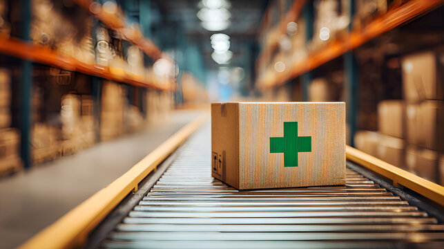 Cardboard box with green cross moving on conveyor belt in warehouse