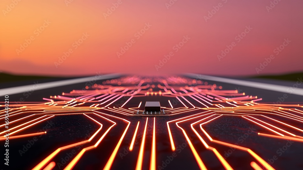 Poster this image showcases a circuit board with glowing orange traces leading up to a microchip, set again
