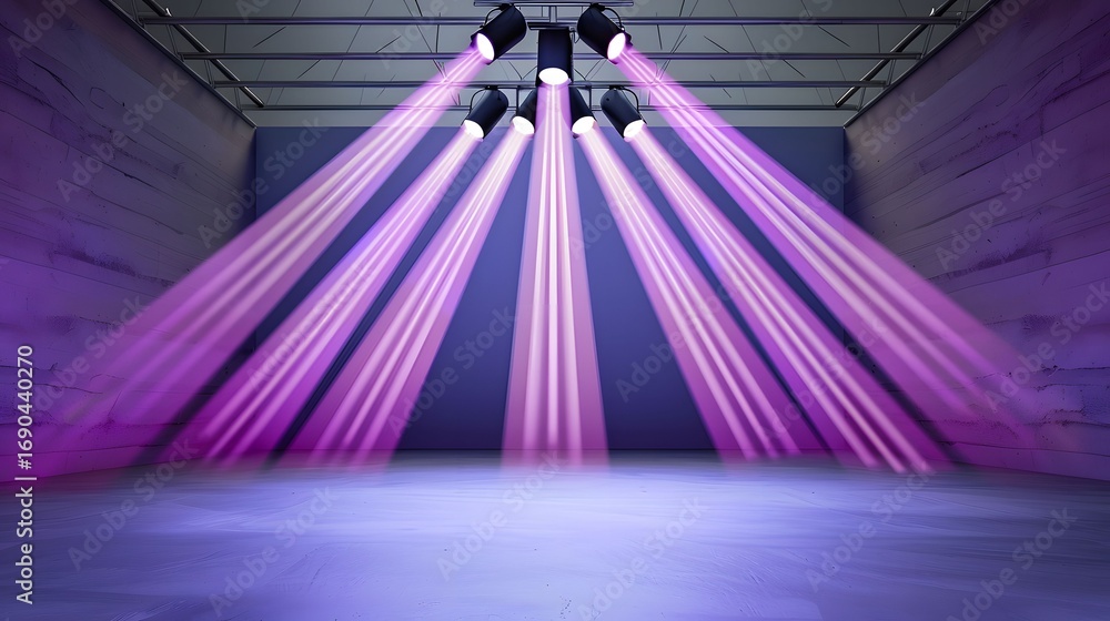 Poster an empty room bathed in vibrant purple light from a series of spotlights mounted on the ceiling, cre