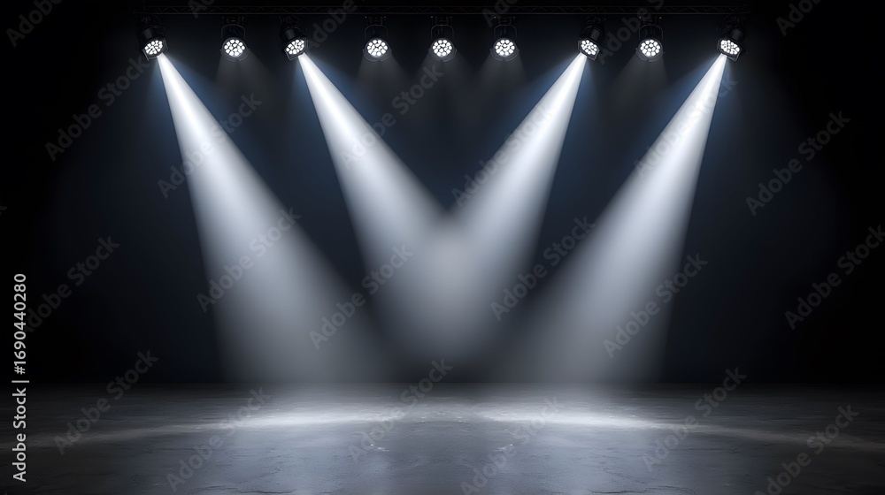 Poster the image shows a stage with overhead spotlights illuminating a dark room with a concrete floor, cre